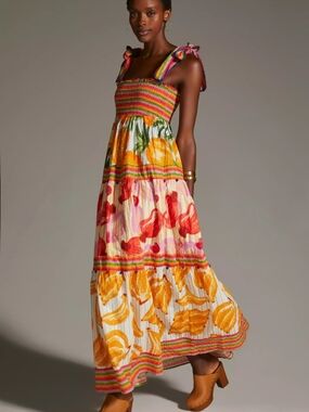 House of Harlow Tropical Maxi Dress Bow Tie Straps Euro summer luxe resort